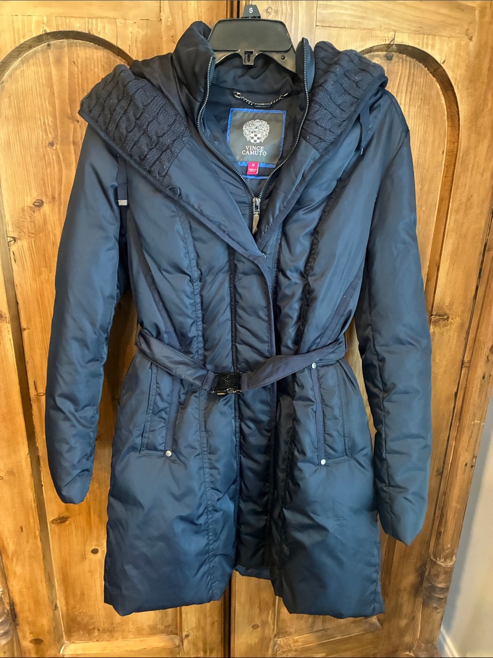 Vince Camuto Dark Navy Quilted Belted Down Puffer Coat